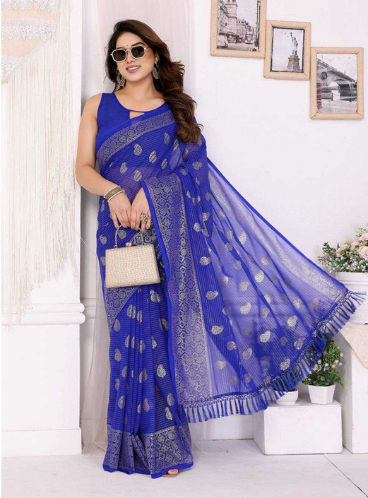 Elegant Georgette Silk Foil Work Saree with Zalar Lace Border Blue-TA1114