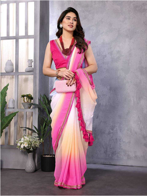 Party Wear Georgette Saree with Embroidery Lace & Heavy Pallu Latkan Baby Pink-TA1111