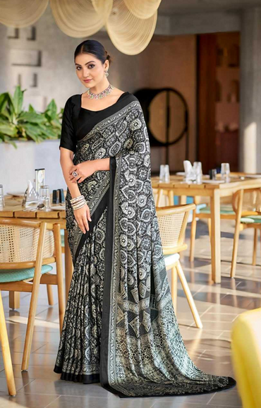 Traditional Semi Gajji Silk Saree with Ajrakh Print Border & Rich Pallu Black-TA1112