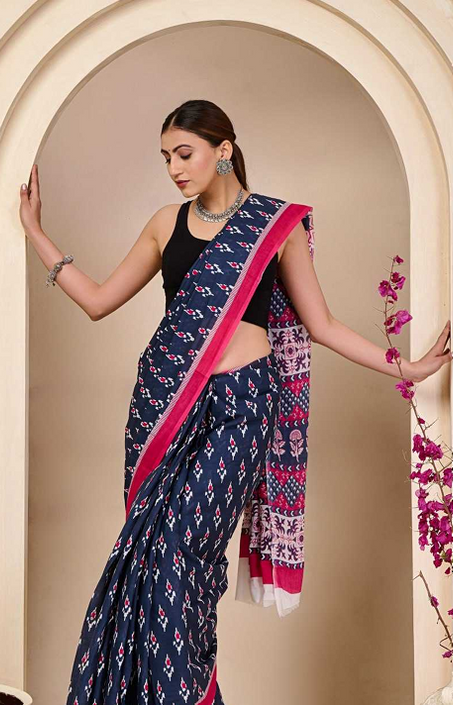 Aiwa Soft Pure Cotton Jaipur Hand Block Ikkat Print Saree-TA1031