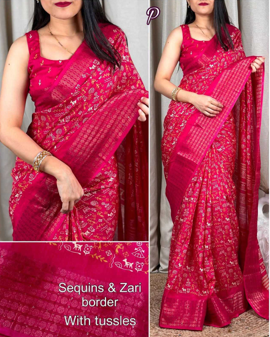 Aiwa Soft Cotton Kalamkari Print Saree with Sequin &amp; Zari Border-TA1025
