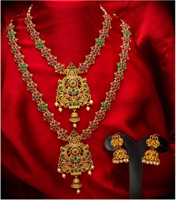 Aiwa Brass  Womens Jewellery Long Sets Golden Necklace Set Temple Jewelry-TA1010