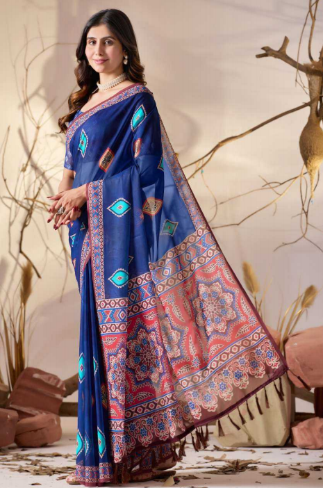 Aiwa Elegant Soft Georgette Saree in Royal Blue with Contemporary Geometric Digital Prints -TA1016