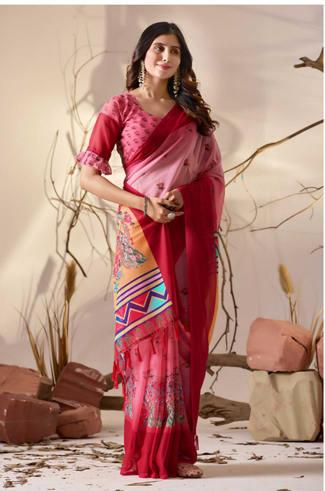 Aiwa Soft Georgette Dual Pink Floral Designer Saree-TA1017