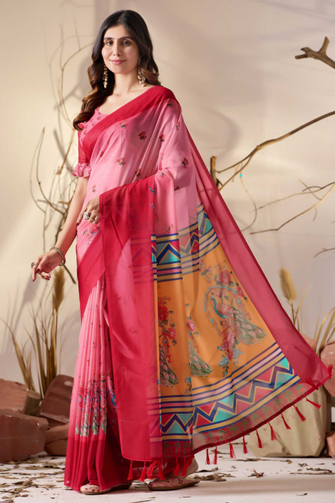 Aiwa Soft Georgette Dual Pink Floral Designer Saree-TA1017