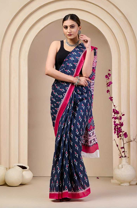Aiwa Soft Pure Cotton Jaipur Hand Block Ikkat Print Saree-TA1031