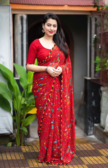 Aiwa Warli Print Lace Border Georgette Red Saree -TA1033