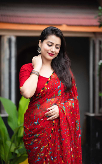 Aiwa Warli Print Lace Border Georgette Red Saree -TA1033