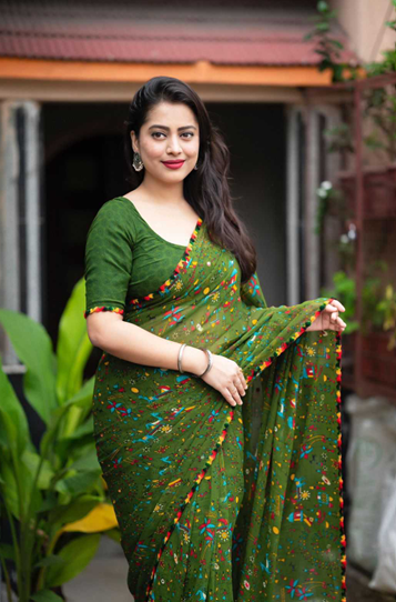 Aiwa Warli Print Lace Border Georgette Forest Green Saree -TA1034