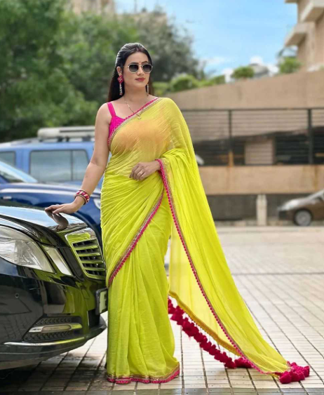 Aiwa Smooth Georgette Embroidered Lace Border Saree with Latkan-TA1035