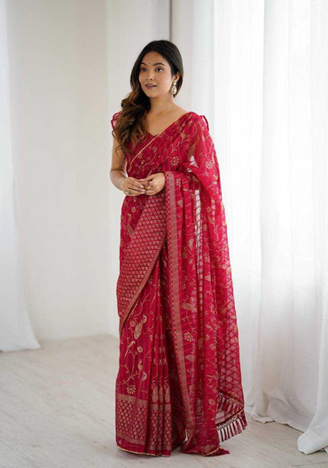 Aiwa Georgette Silk Foil Work Party Wear Red Saree-TA1039