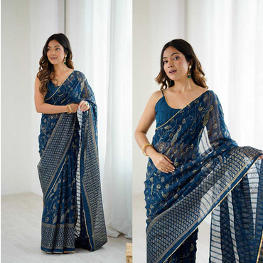 Aiwa Georgette Silk Foil Work Party Wear Navy Blue Saree-TA1040