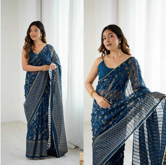 Aiwa Georgette Silk Foil Work Party Wear Navy Blue Saree-TA1040