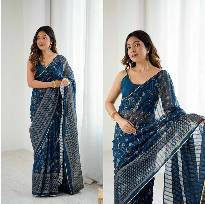 Aiwa Georgette Silk Foil Work Party Wear Navy Blue Saree-TA1040