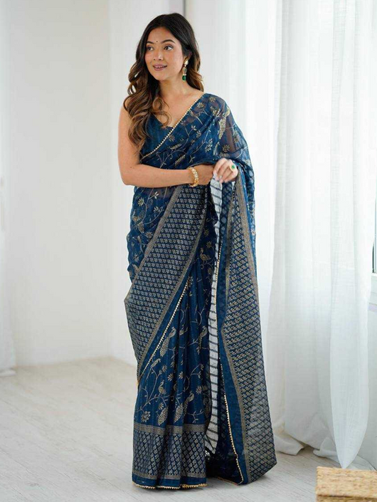 Aiwa Georgette Silk Foil Work Party Wear Navy Blue Saree-TA1040