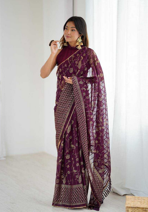 Aiwa Georgette Silk Foil Work Party Wear Wine Saree-TA1041