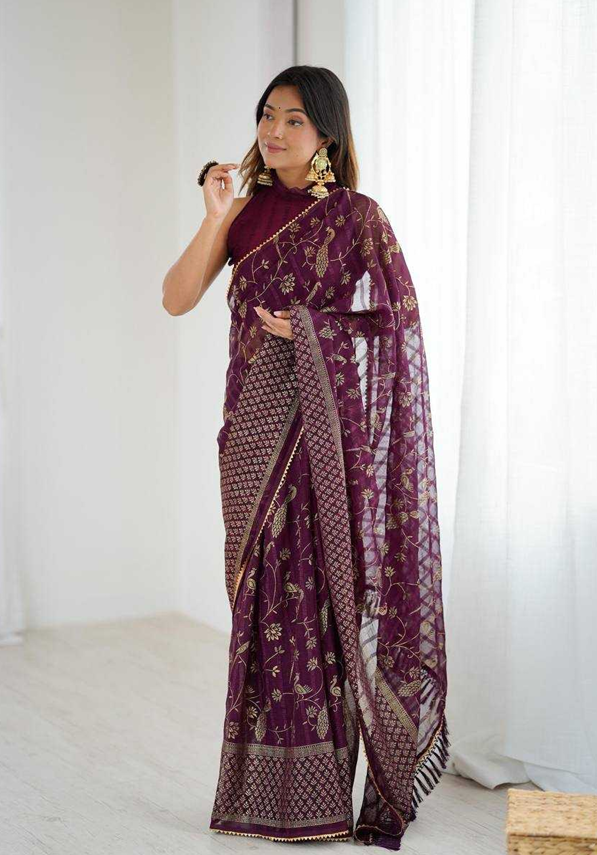 Aiwa Georgette Silk Foil Work Party Wear Wine Saree-TA1041