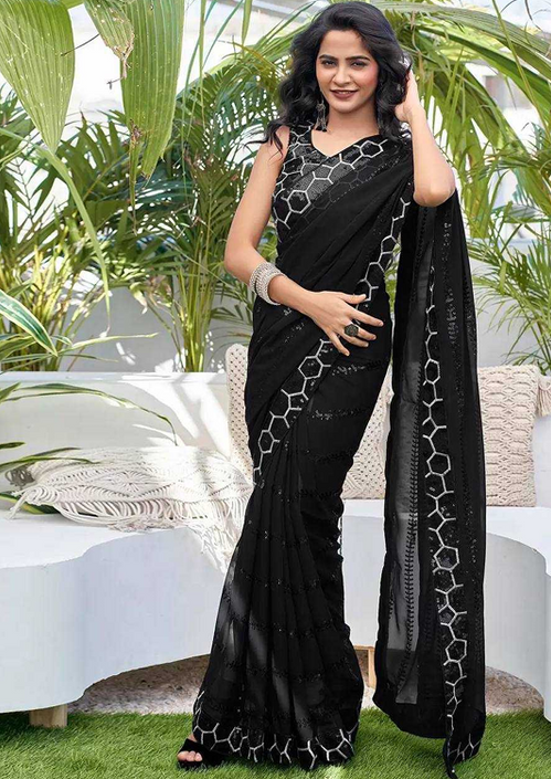 Aiwa Heavy Georgette Embroidered Sequins Saree with Fancy Lace Border-TA1044