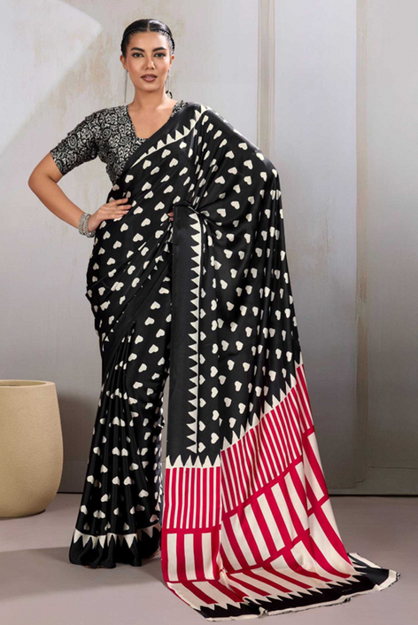 Aiwa Modal Satin  Print Designer Black color Saree-TA1048