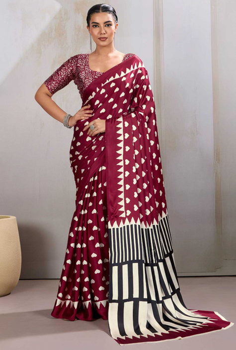 Aiwa Modal Satin  Print Designer Wine color Saree-TA1046