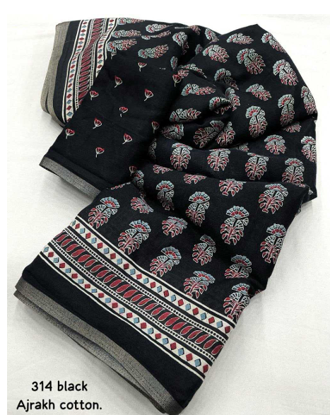 Aiwa Soft Cotton Feel Ajrakh Printed Saree with Zari Border Black-TA1050