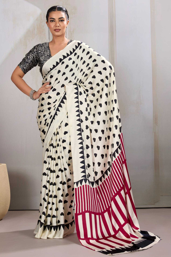 Aiwa Modal Satin  Print Designer White color Saree-TA1047