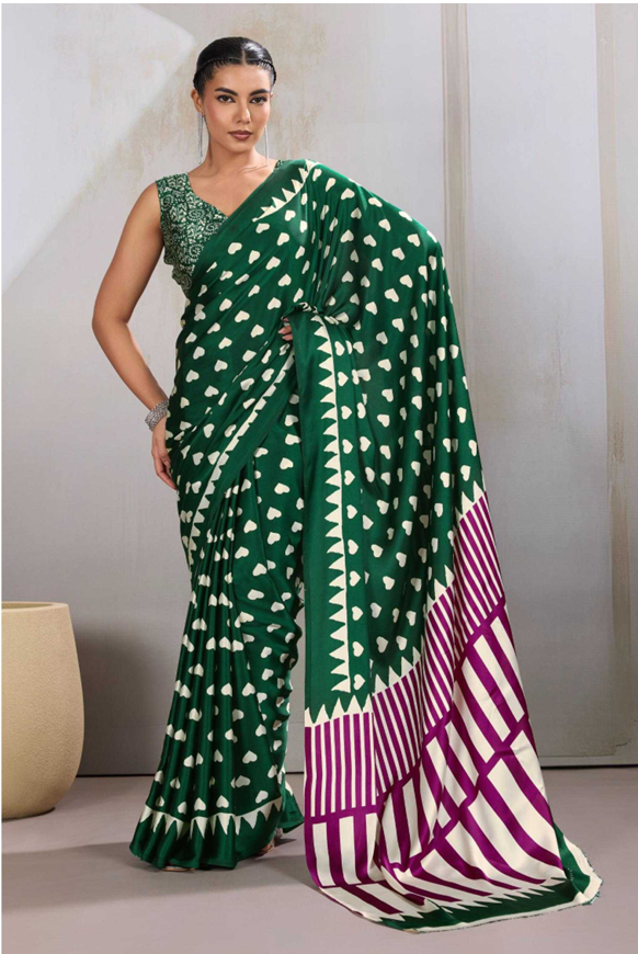 Aiwa Modal Satin Ajrakh Print Designer Green Color Saree-TA1045