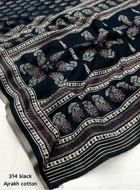 Aiwa Soft Cotton Feel Ajrakh Printed Saree with Zari Border Black-TA1050
