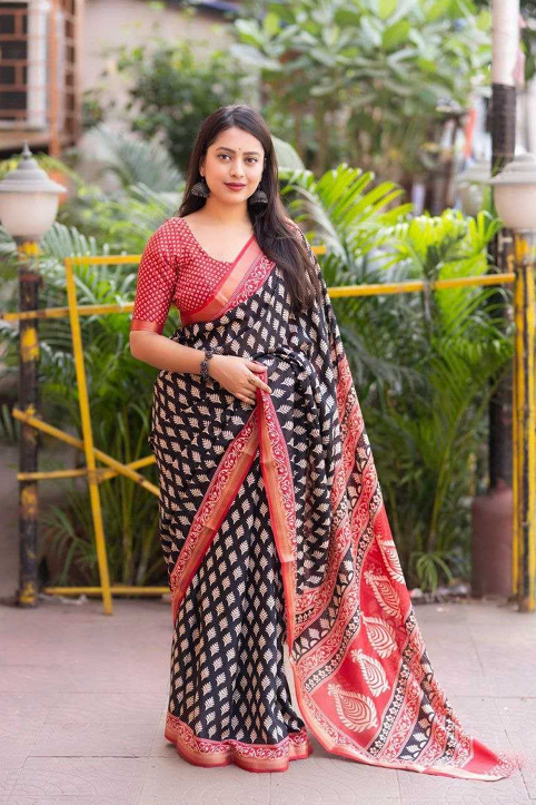 Aiwa Soft Cotton Crape Ajrakh Printed Saree with Zari Pattu Border-TA1051