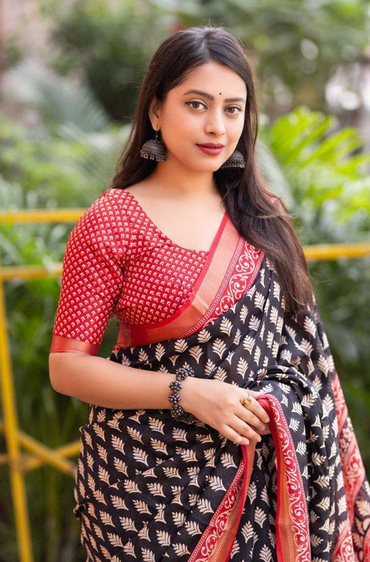 Aiwa Soft Cotton Crape Ajrakh Printed Saree with Zari Pattu Border-TA1051