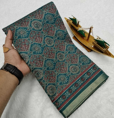 Aiwa Soft Jaipuri Mul Cotton Ajrakh Saree with Zari Border & Designer Pallu Green-TA1052