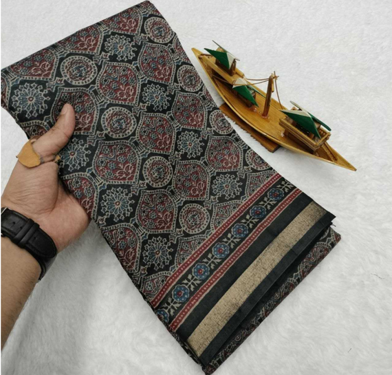Aiwa Soft Jaipuri Mul Cotton Ajrakh Saree with Zari Border & Designer Pallu Black-TA1053