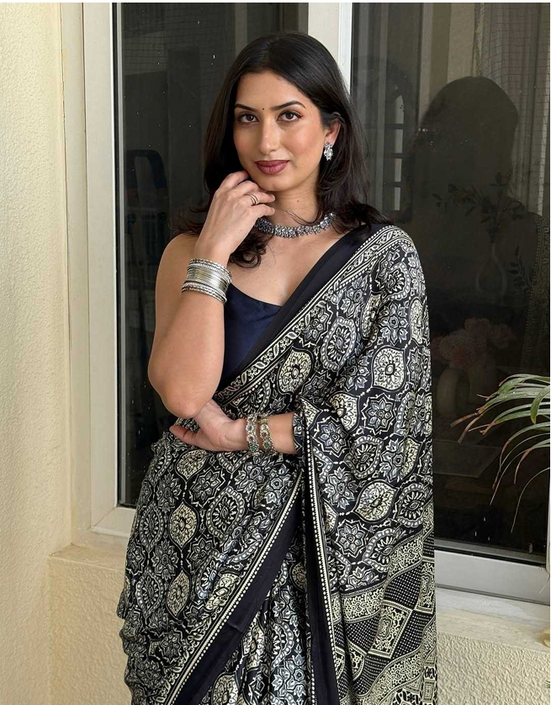 Aiwa Original Japan Silk (Semi Gajji) Ajrakh Print Saree with Rich Pallu-TA1055