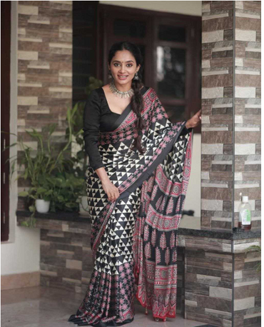 Aiwa Original Japan Silk (Semi Gajji) Ajrakh Print Office Wear Saree-TA1056