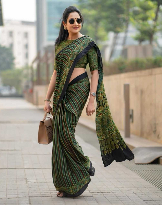 Aiwa Original Semi Gajji Silk Ajrakh Print Saree-TA1057