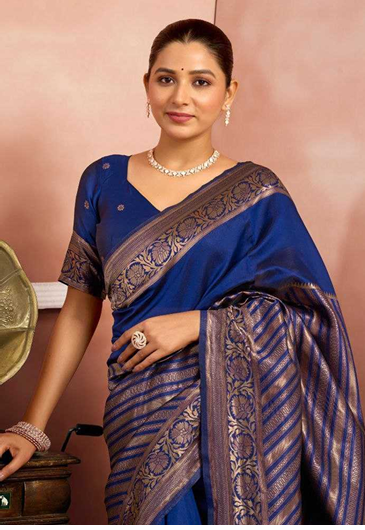 Aiwa Heavy Soft Silk Saree – Royal Blue with Contrast Zari Border-TA1058