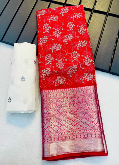 Aiwa Kanchipuram Organza Jacquard Saree with Foil Pigment & Raw Silk Blouse Red-TA1064