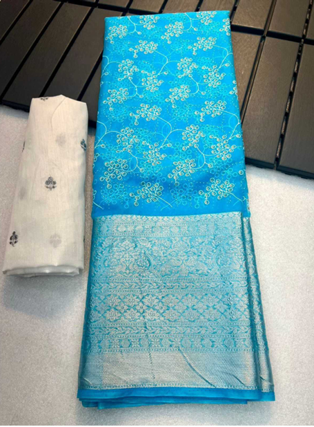 Aiwa Kanchipuram Organza Jacquard Saree with Foil Pigment & Raw Silk Blouse Sky Blue-TA1066