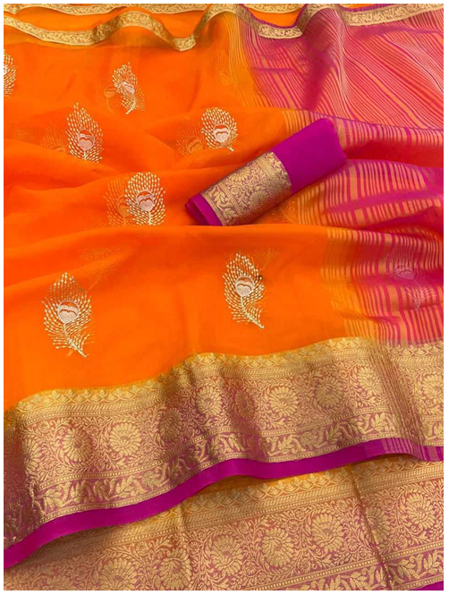 Aiwa Kanchipuram Organza Sequin Saree Collection Orange-TA1070