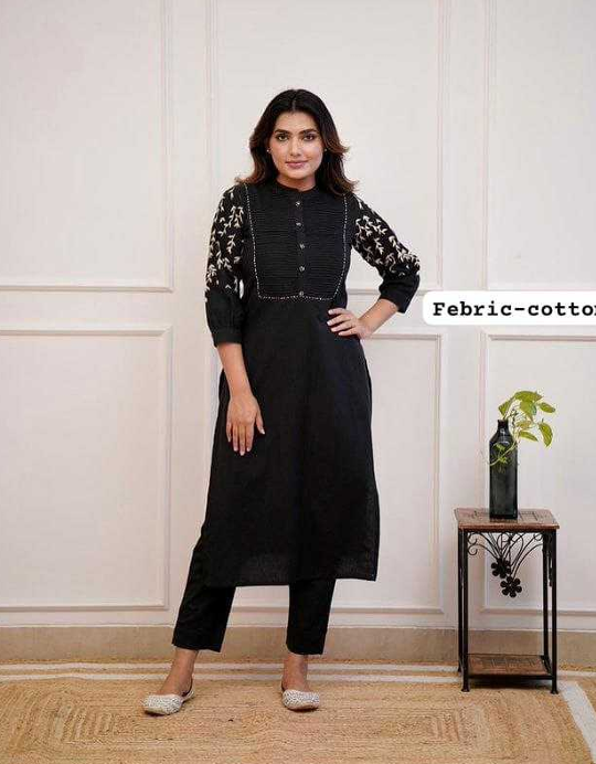 Aiwa Pure Cotton Embroidered Kurti Set Collection Black-TA1083