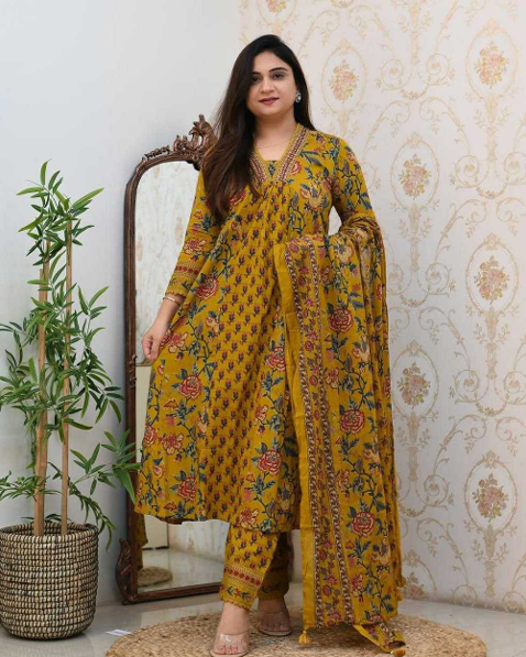 Aiwa Printed Rayon Cotton Kurti Set with Hand Work Yellow-TA1086