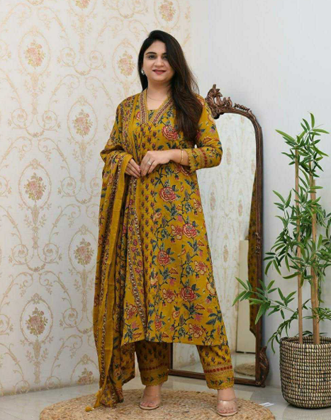 Aiwa Printed Rayon Cotton Kurti Set with Hand Work Yellow-TA1086