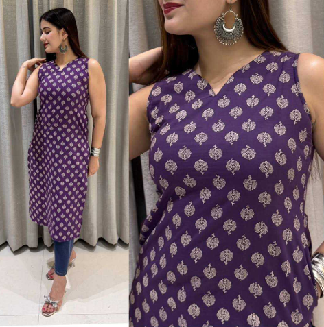 Aiwa Sleeveless Cotton Printed Kurti for Casual & Office Wear Purple-TA1090