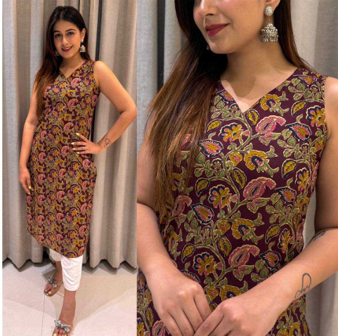 Aiwa Sleeveless Cotton Printed Kurti for Casual & Office Wear Brown-TA1089