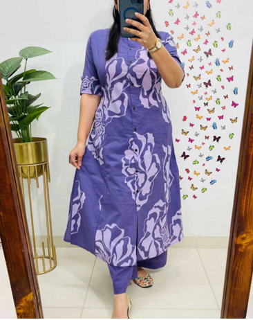 Aiwa Printed Rayon A-Line Kurti Co-Ord Set with Ankle-Length Pant Purple-TA1094