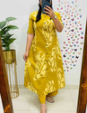 Aiwa Printed Rayon A-Line Kurti Co-Ord Set with Ankle-Length Pant Yellow-TA1095
