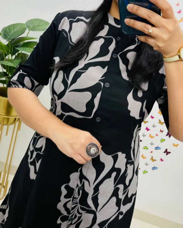 Aiwa Printed Rayon A-Line Kurti Co-Ord Set with Ankle-Length Pant Black-TA1096