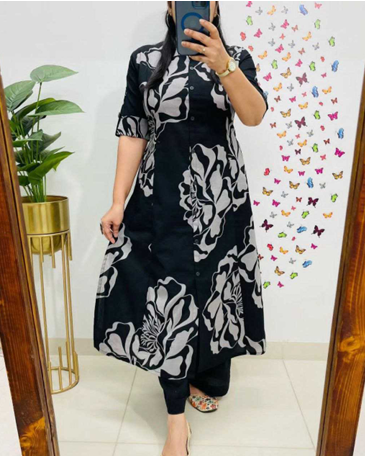 Aiwa Printed Rayon A-Line Kurti Co-Ord Set with Ankle-Length Pant Black-TA1096
