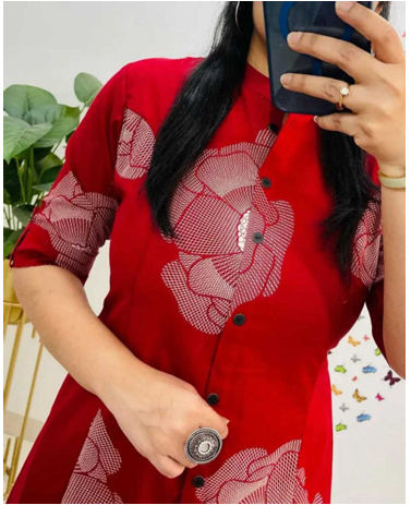 Aiwa Printed Rayon A-Line Kurti Co-Ord Set with Ankle-Length Pant Red-TA10967