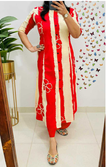 Aiwa Printed Rayon A-Line Kurti Co-Ord Set with Ankle-Length Pant Orange-TA10968